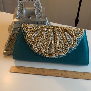Elegant Beaded Clutch in Teal and Gold